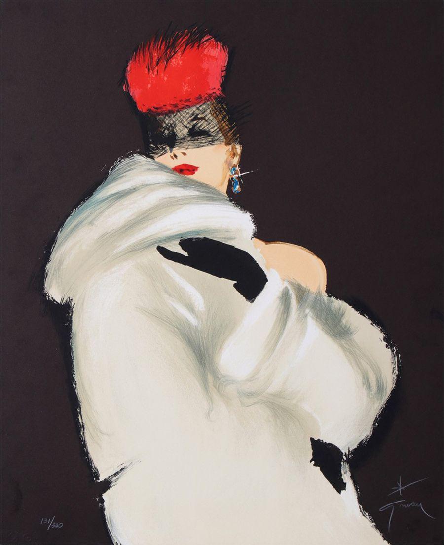 Rene Gruau Hand signed and Numbered Print - Woman in Red Hat 1989