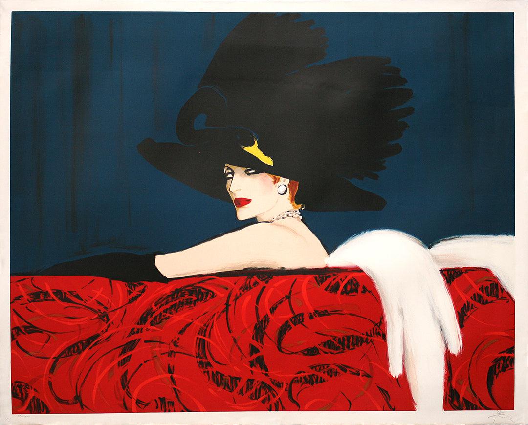 Original Vintage Woman on Red Couch Signed and Numbered Print by Rene Gruau c1990