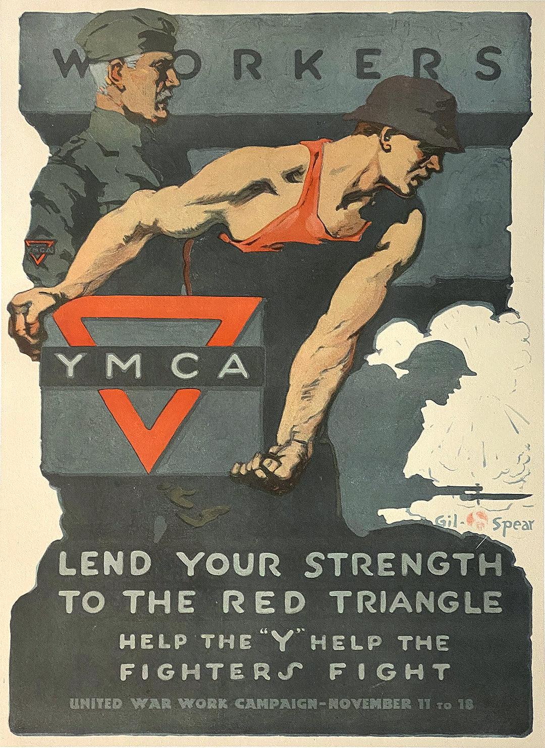 Original Vintage WWI YMCA Poster Lend Your Strength 1918 Spear