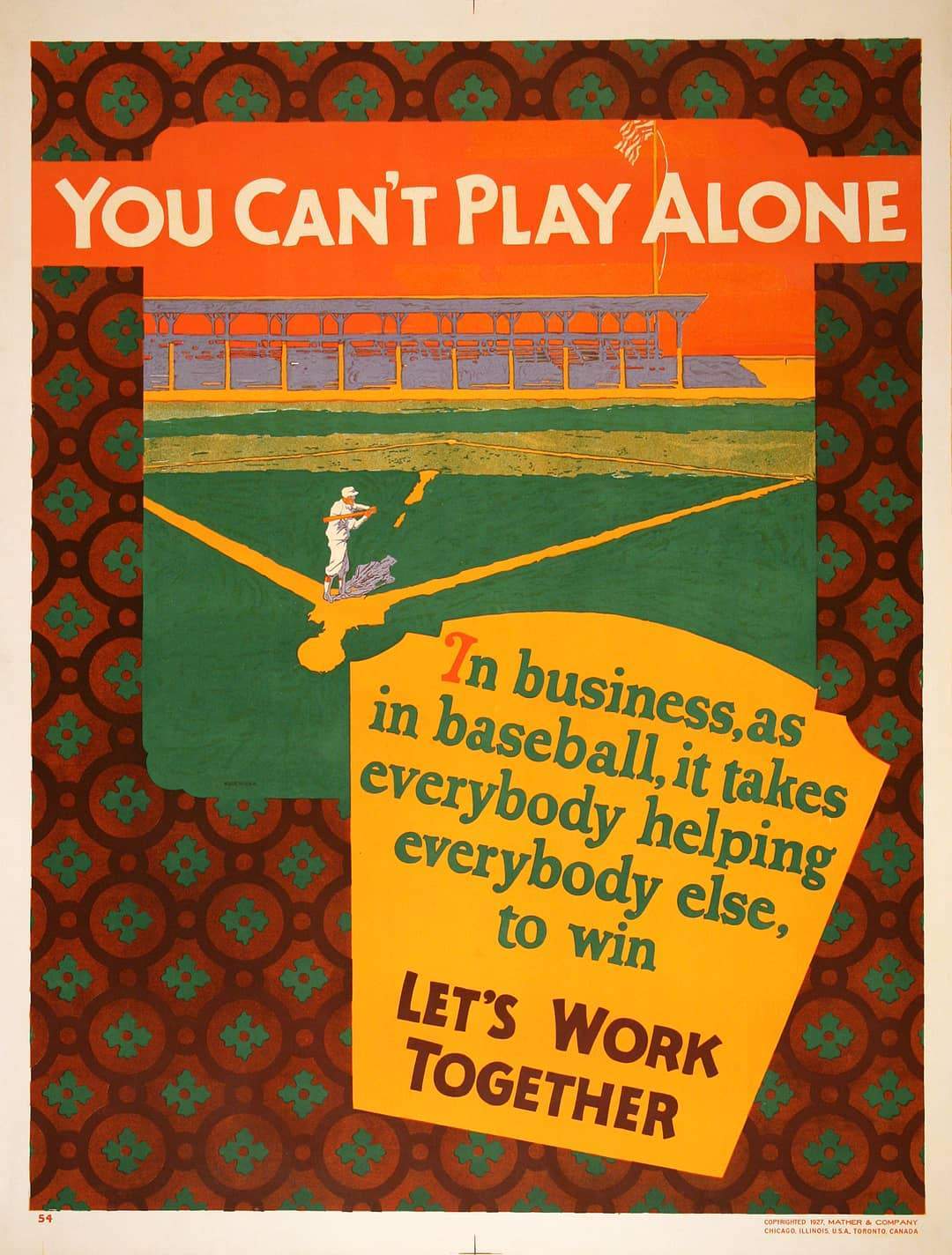Original Mather Work Incentive Poster 1927 - Let's Play Together Baseball