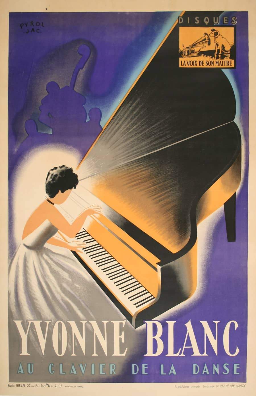 Yvonne Blanc - La Voix de Son Maitre Original Vintage Piano Poster c1945