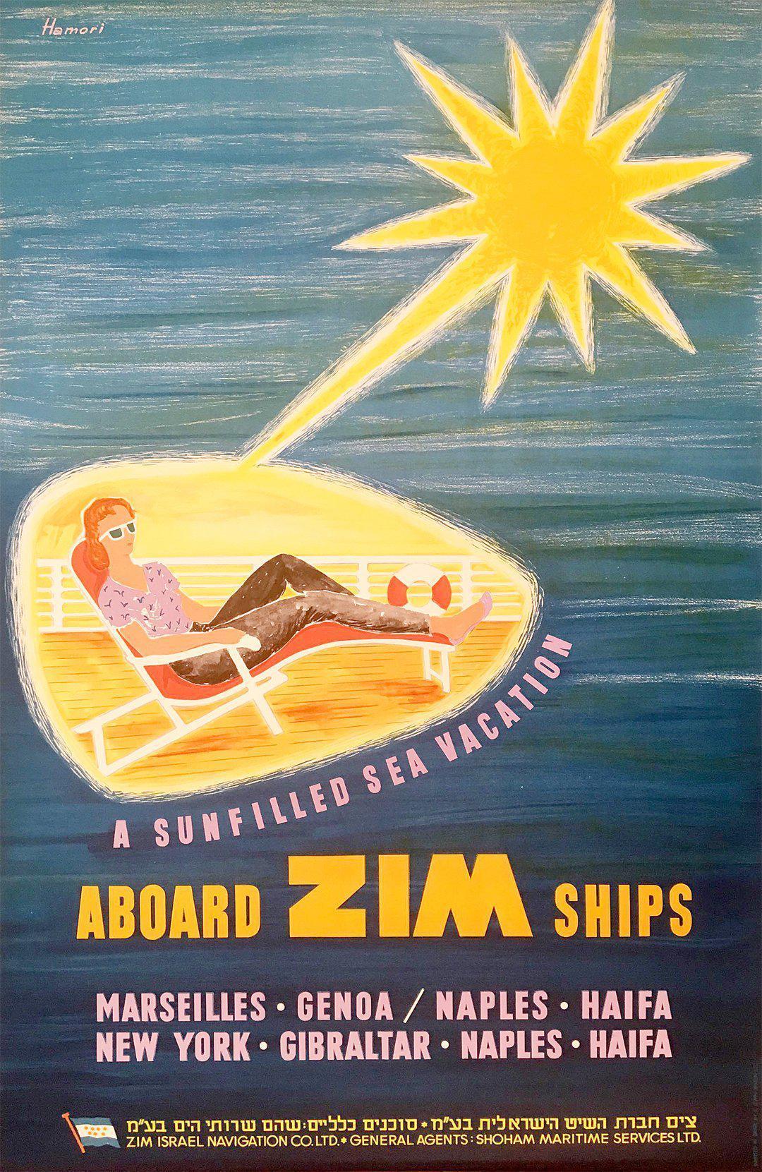 Original Aboard ZIM Ships Israel Vintage Travel Poster by Hamori 1959