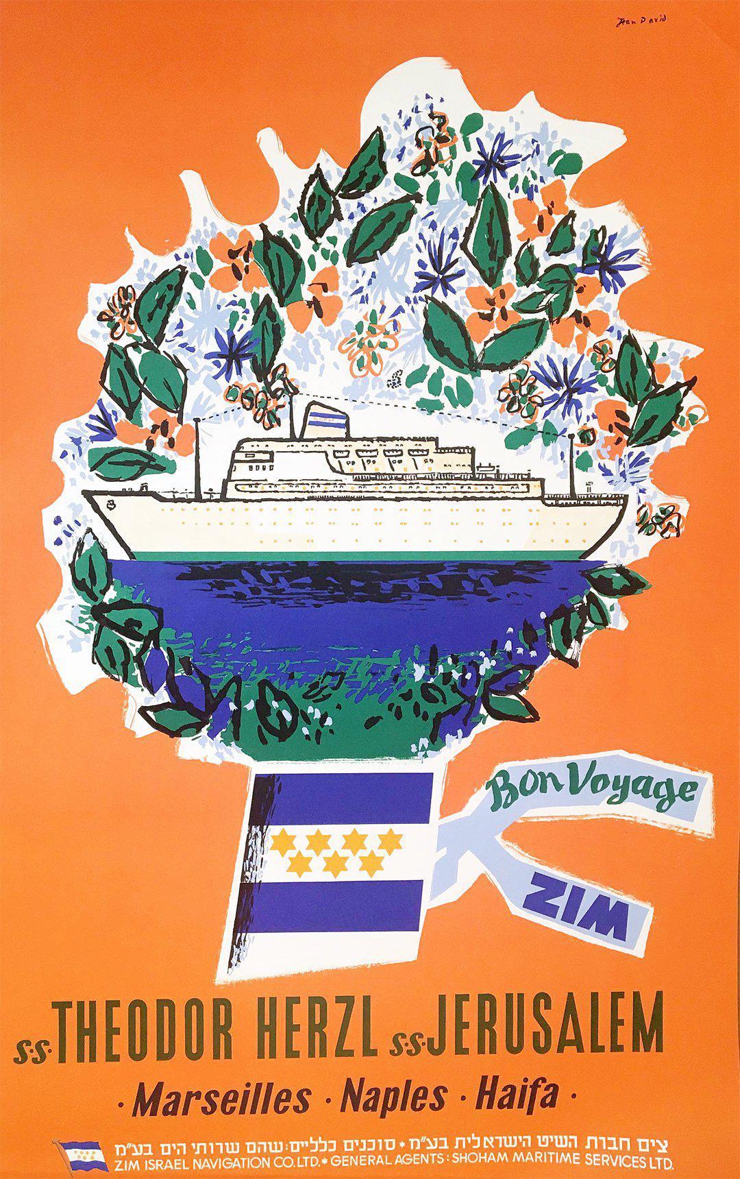 Original Vintage Poster Zim Bon Voyage S.S. Herzl - S.S. Jerusalem Israel Travel c1950