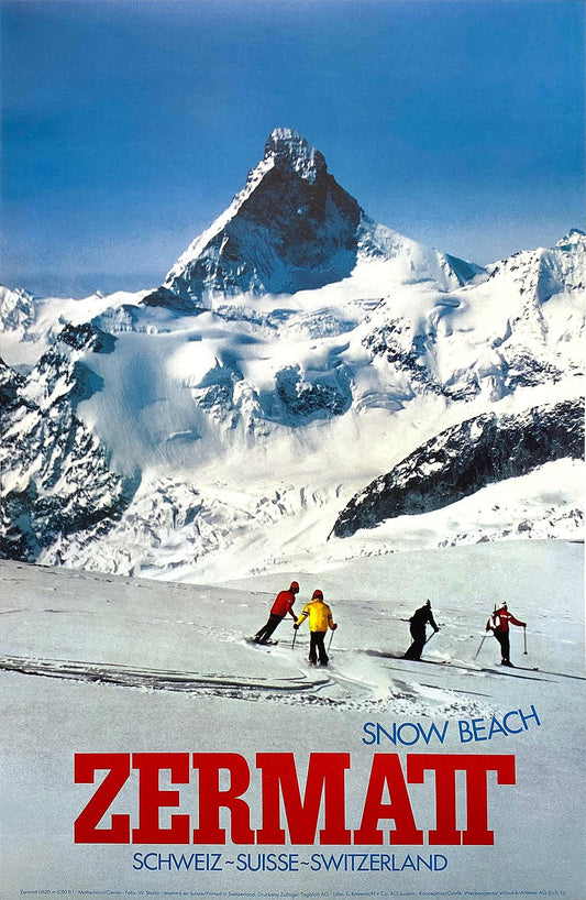 Original Vintage Zermatt Snow Beach Poster Switzerland Ski c1970