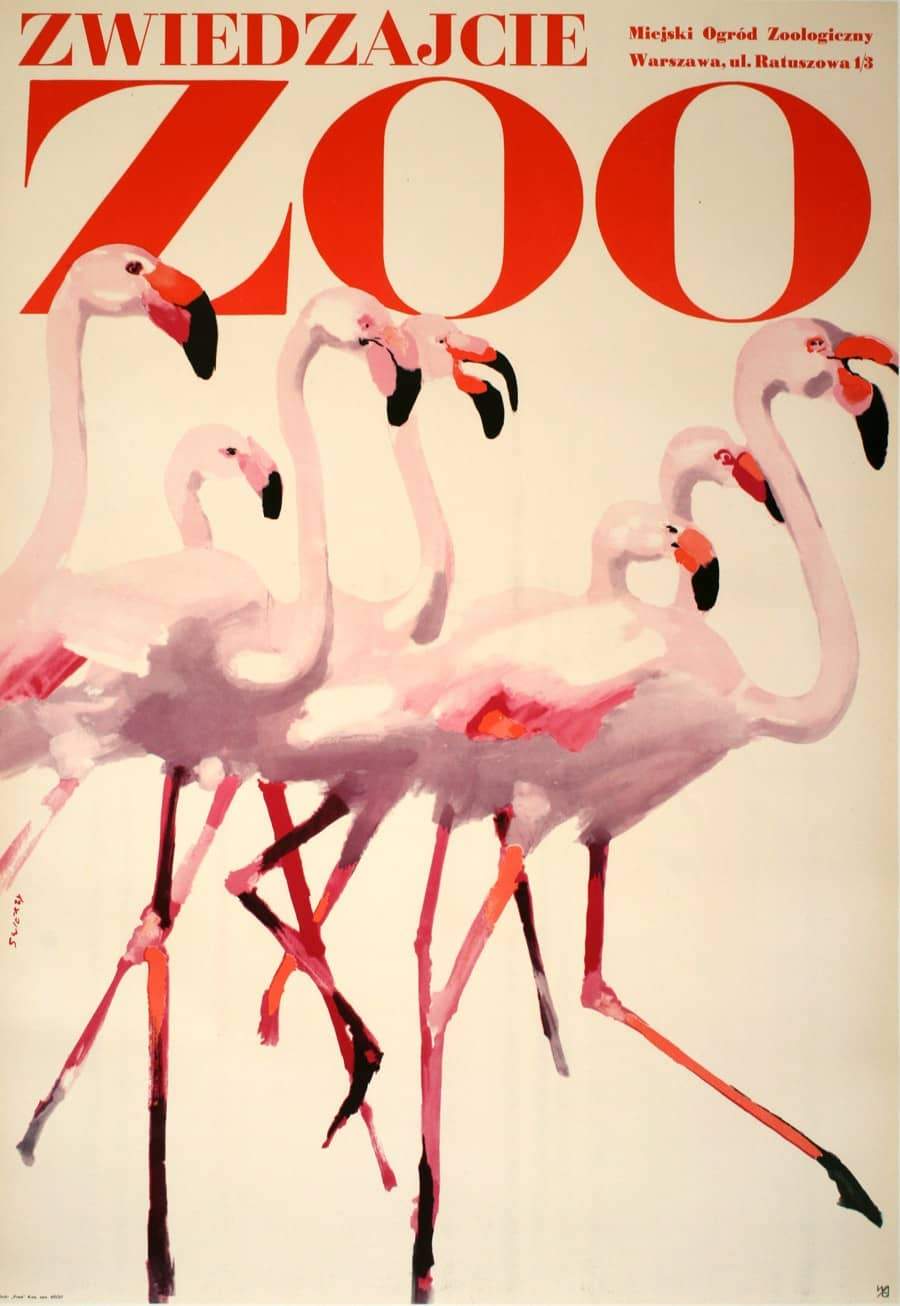 Original 1967 Polish Poster by Swierzy - Zwiedzajcie Zoo Pink Flamingos
